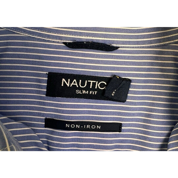 Nautica Button Down Shirt Men's Large Slim Fit Blue Stripe Cotton Preppy Work - Picture 2 of 8
